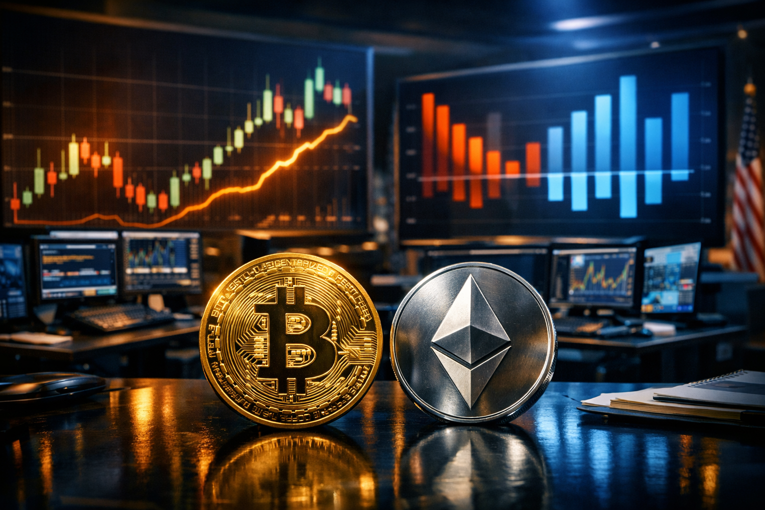 Crypto market visual with digital asset charts